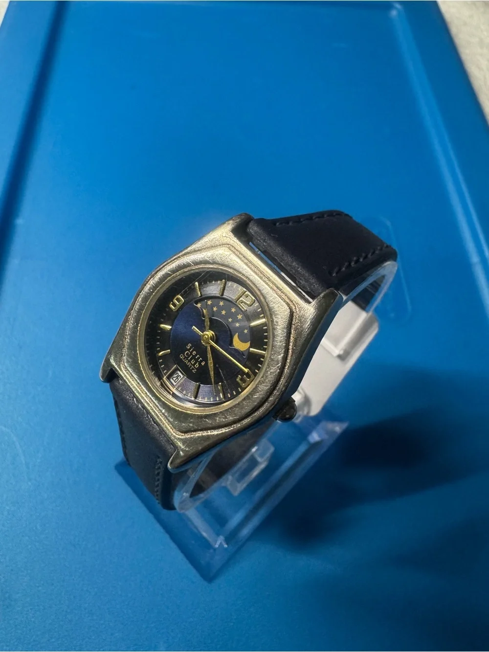 Sierra moon face Gold-Tone Case Watch with Black Dial and Brown Leather Strap